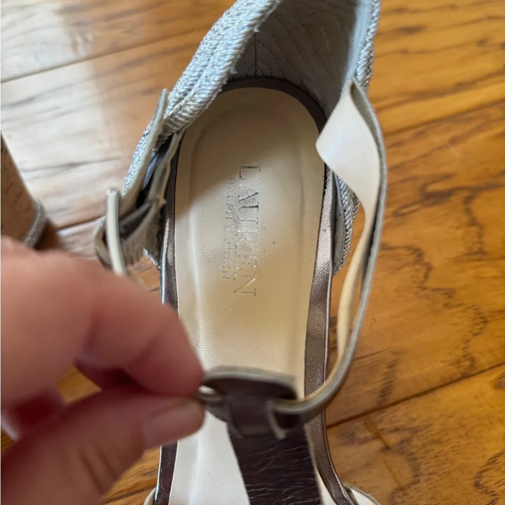 Lauren Ralph Lauren Silver Metallic Cork Wedge Sandals 9.5B T-Strap Espadrille